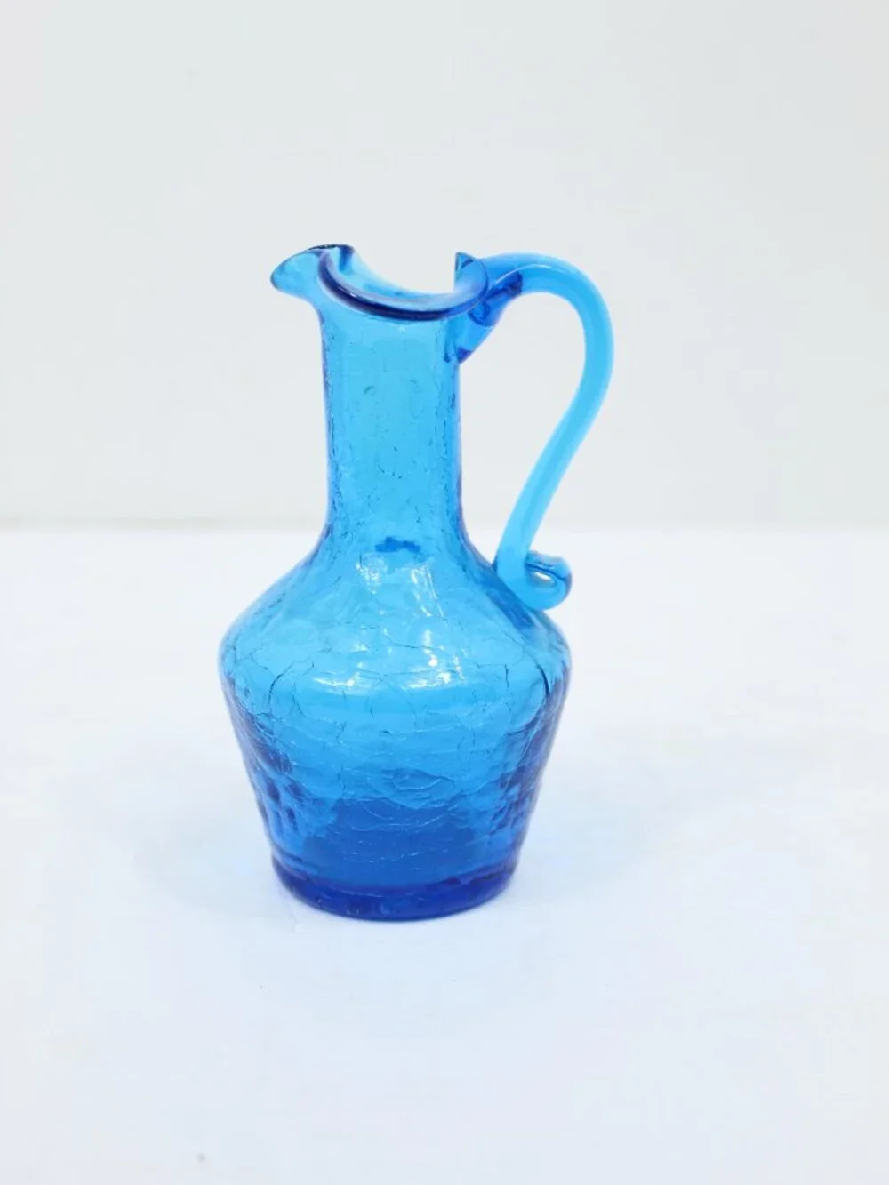 MCM ART GLASS HAND BLOWN AZURE BLUE CRACKLE GLASS CRUET BOTTLE VASE 5
